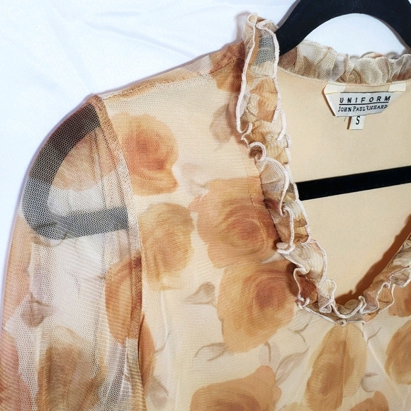 Y2K Vintage Semisheer Floral Cream Tan Top - Picture 2 of 8